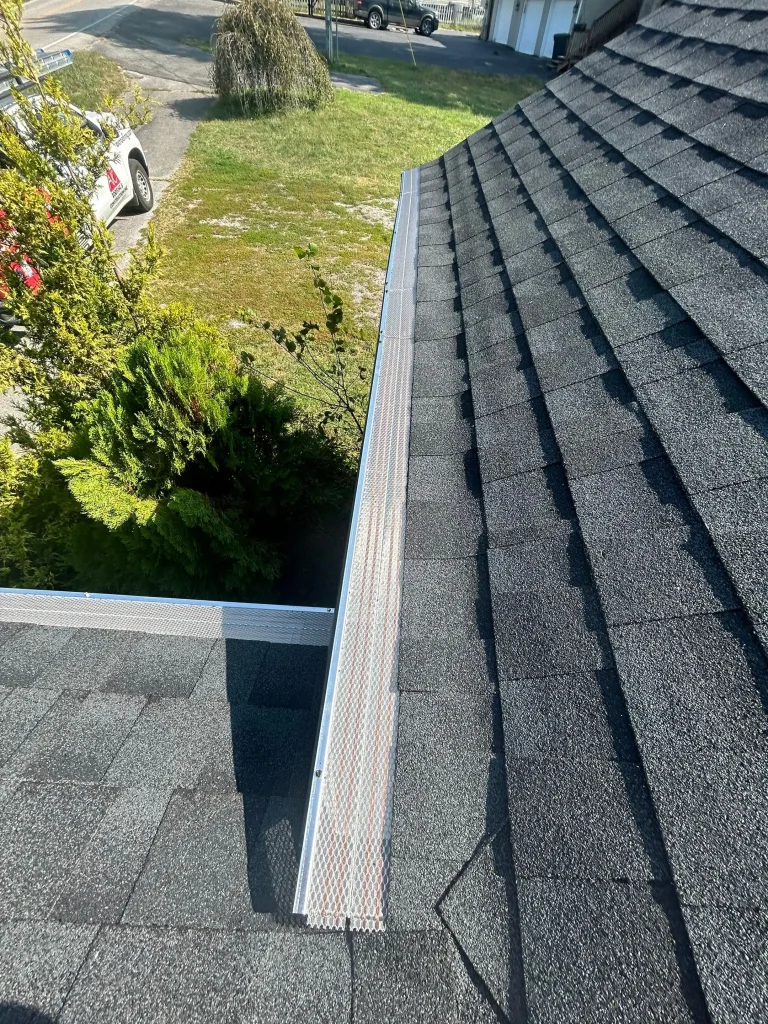 Close-up view of newly installed metal gutter guards on a shingle roof in Kentucky.