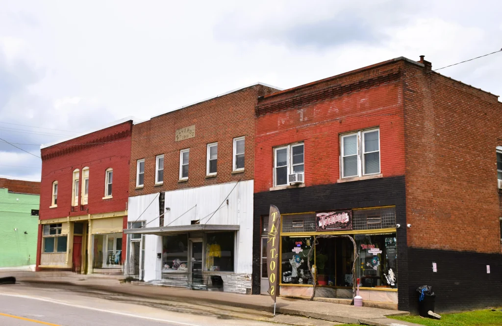 Row of historic storefronts in downtown Ravenna, KY
