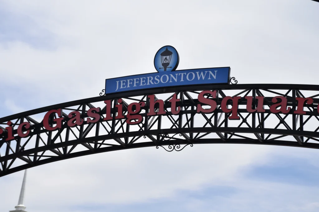 Decorative arch reading “Historic Gaslight Square” in Jeffersontown, KY