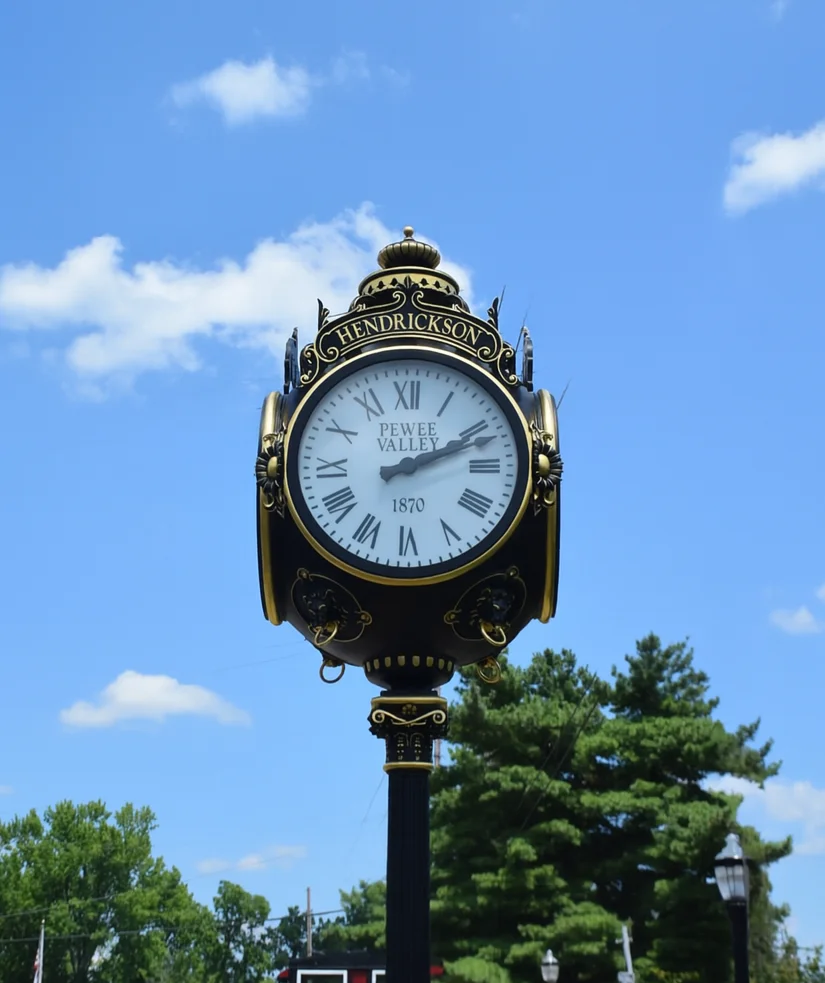 Ornate Hendrickson clock reading Pewee Valley 1870 against a blue sky