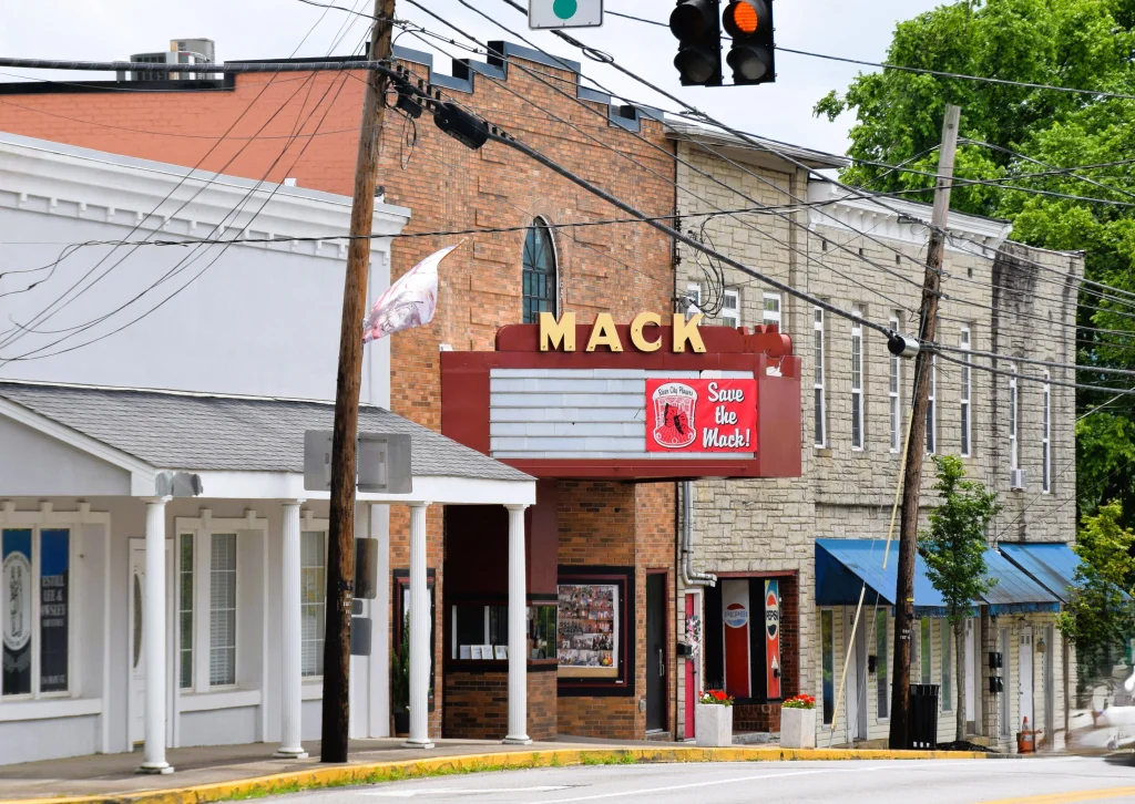 Marquee of the historic Mack Theater in downtown Irvine, KY