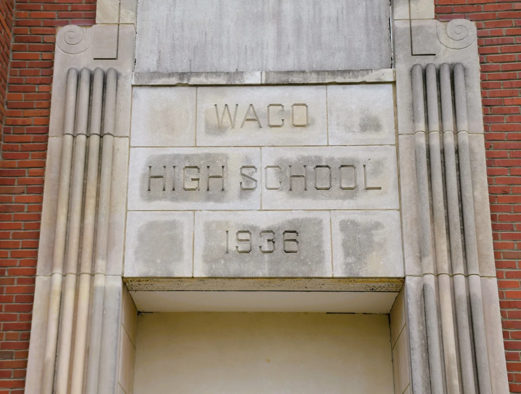 Engraved stone entryway of Waco High School built in 1936 in Waco, Kentucky.