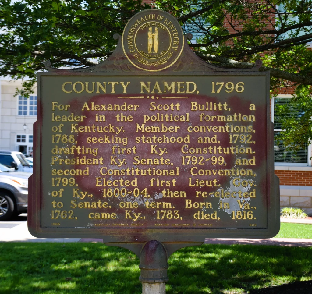 Shepherdsville historical marker detailing Bullitt County's origins and Alexander Scott Bullitt's contributions