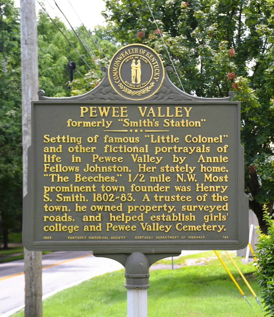 Historical roadside sign detailing the history of Pewee Valley Kentucky