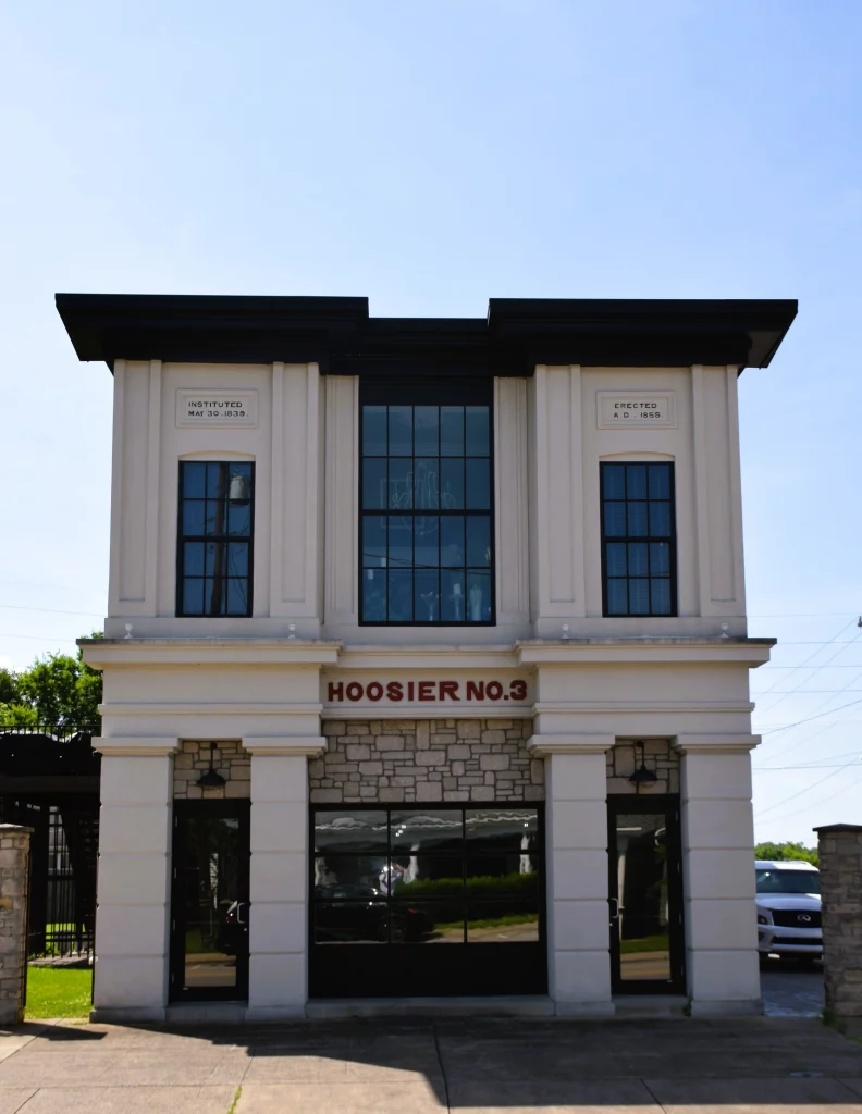 Historic Hoosier No. 3 firehouse building with stone and stucco exterior