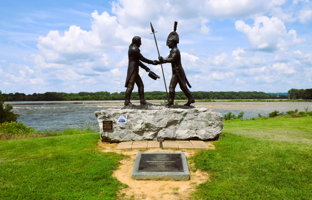 Statue of Lewis and Clark shaking hands at the Falls of the Ohio in Clarksville, Indiana