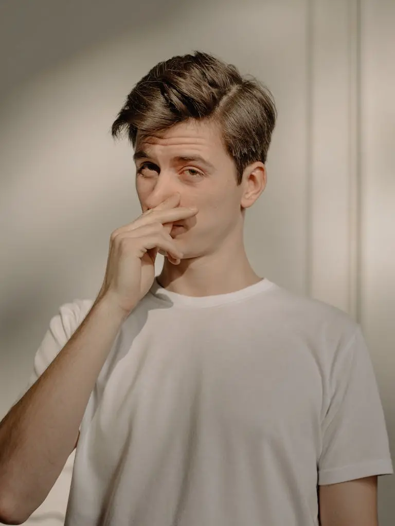 Young man in a white t-shirt holding his nose with a displeased expression