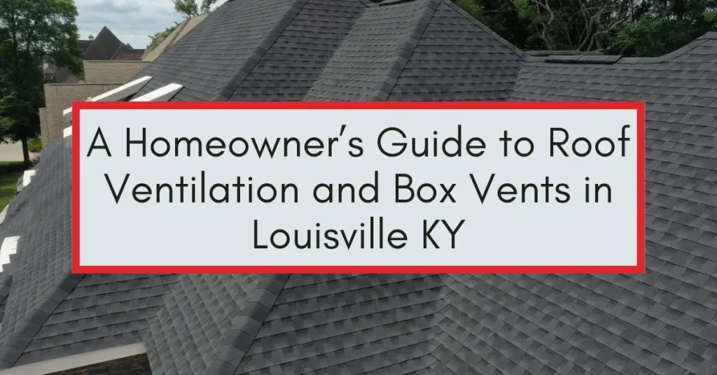 Dark gray shingle roof with box vents and a text overlay about roof ventilation in Louisville, KY