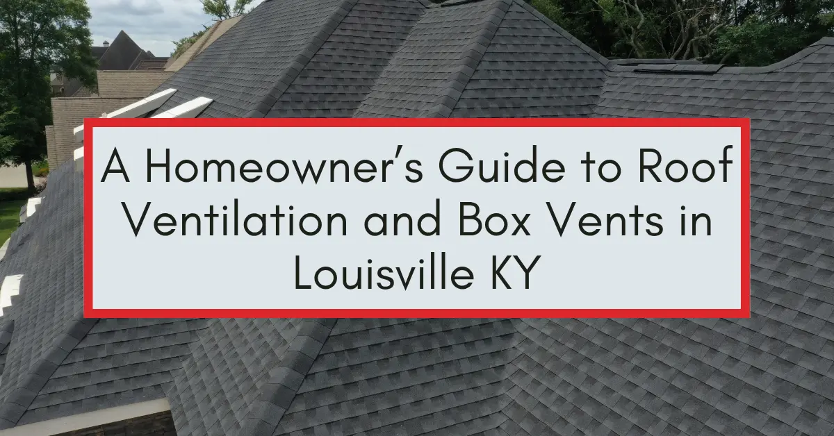 Dark gray shingle roof with box vents and a text overlay about roof ventilation in Louisville, KY