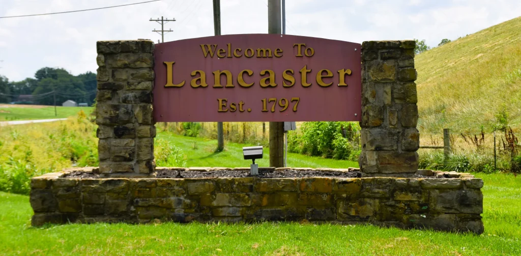 Stone welcome sign for Lancaster, Kentucky established in 1797
