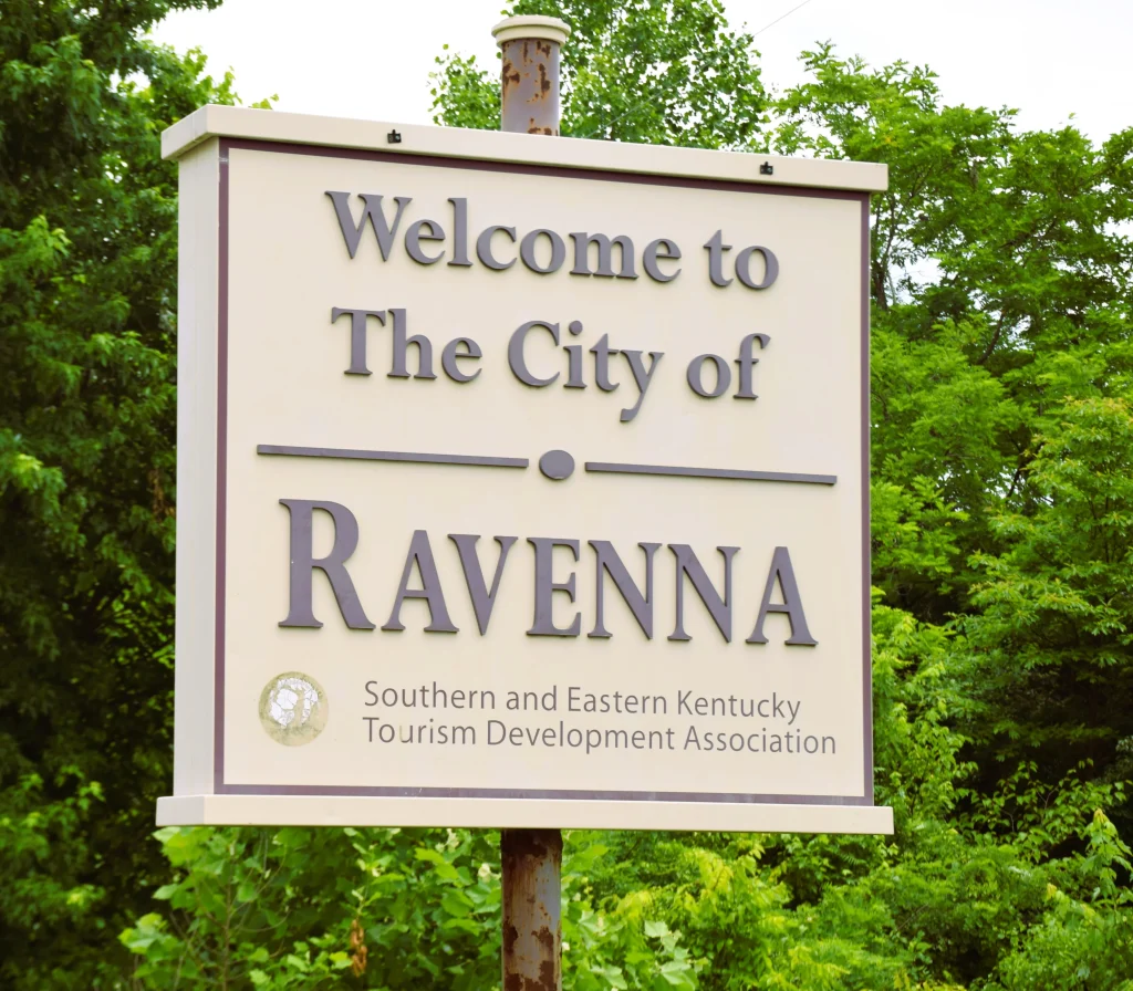 Welcome sign for the city of Ravenna, Kentucky