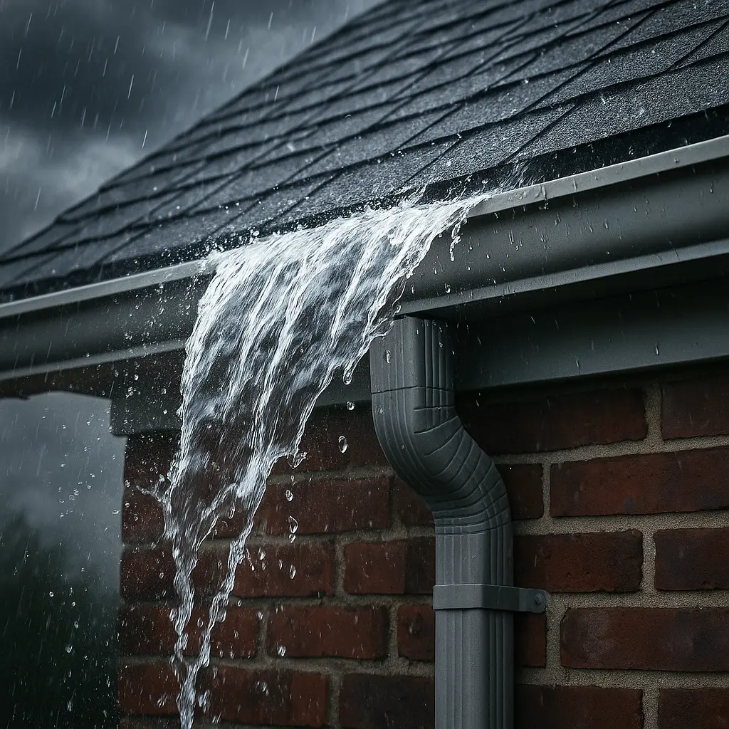 Overflowing Gutter in Heavy Rain Rainwater spilling over a gray K-style gutter on a brick house during a downpour, streaming beside the downspout.