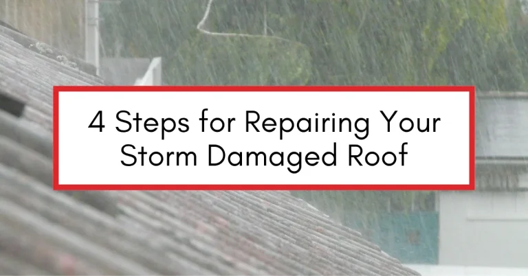 Rain falling on a rooftop during a storm with text overlay: "4 Steps for Repairing Your Storm Damaged Roof"