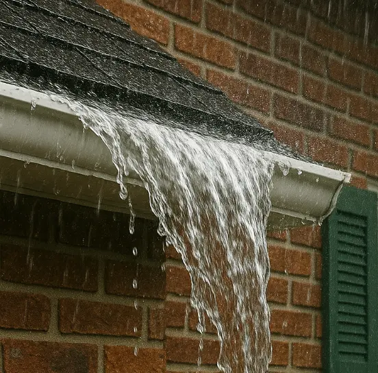 Brick house with green shutters and overflowing gutter during heavy rain.