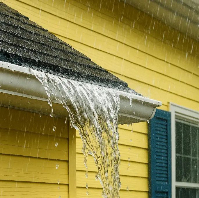 Yellow home with blue shutters and overflowing gutter during heavy rainfall.