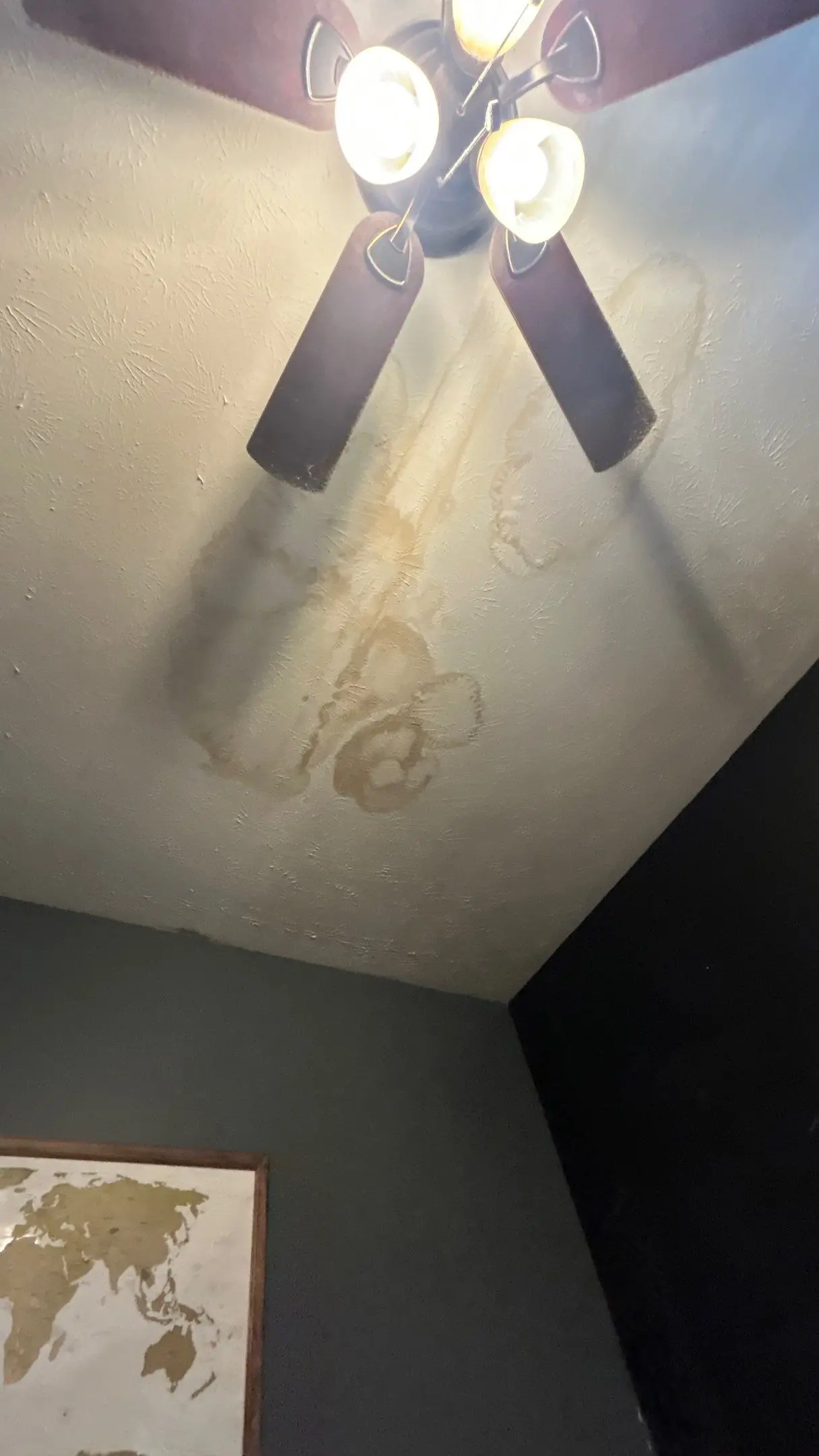 Ceiling with brown water stains from a roof leak in a Louisville, Kentucky home.