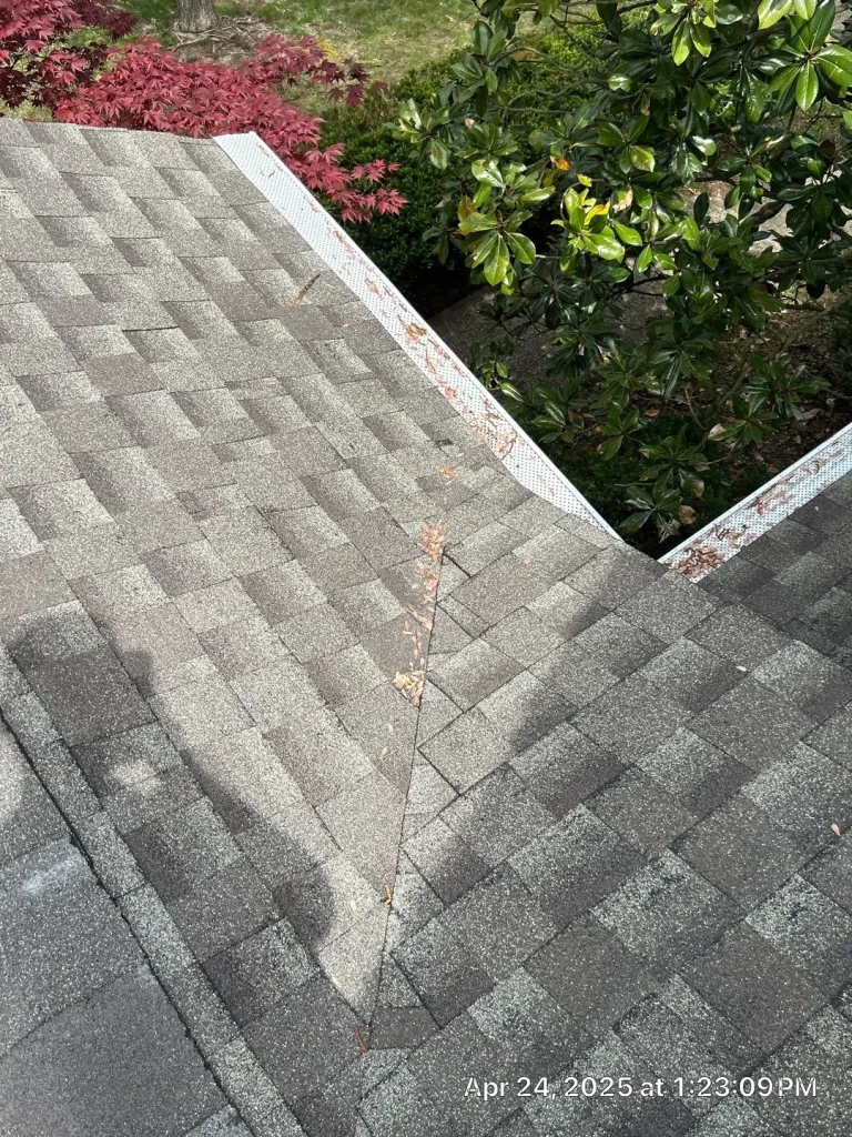 Gutter guard installation on an asphalt shingle roof in Bardstown, Kentucky, preventing leaf buildup and improving drainage.
