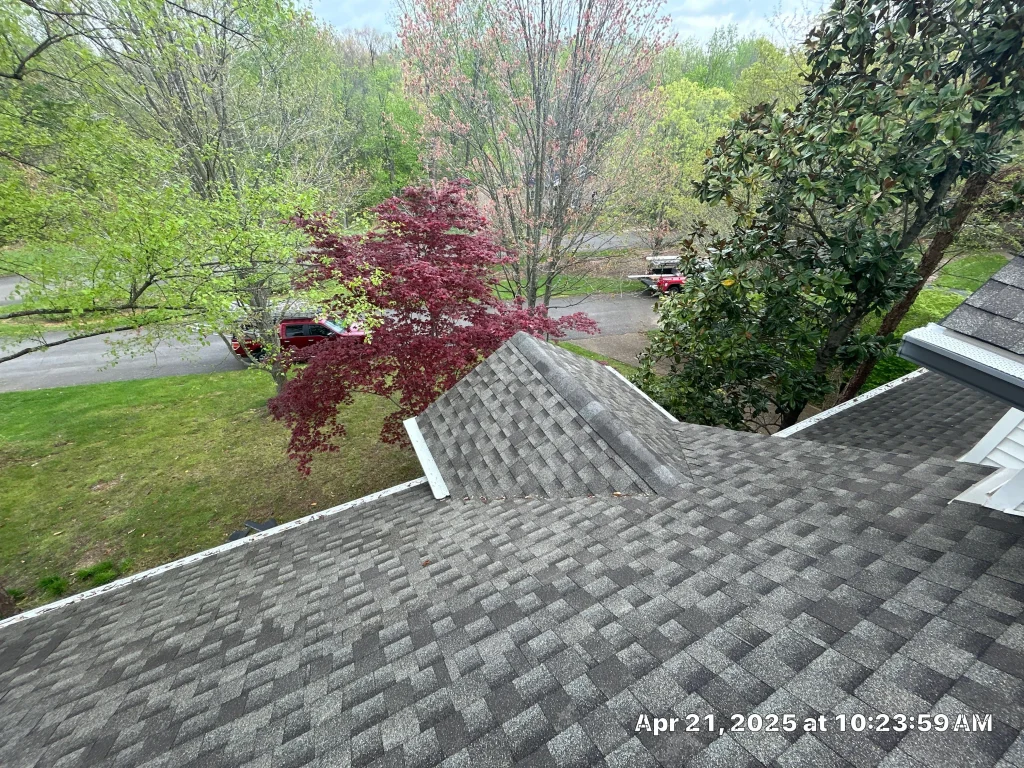 Newly installed gutter guards on a Shelbyville, Kentucky home with fresh shingles and tree coverage nearby.