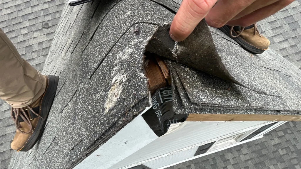 Damaged and lifted shingles exposing roof decking on a home in La Grange, KY during a roof inspection.