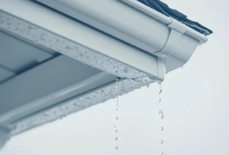 Close-up of a leaking white gutter dripping water during a rainstorm, showing moisture buildup and improper drainage.
