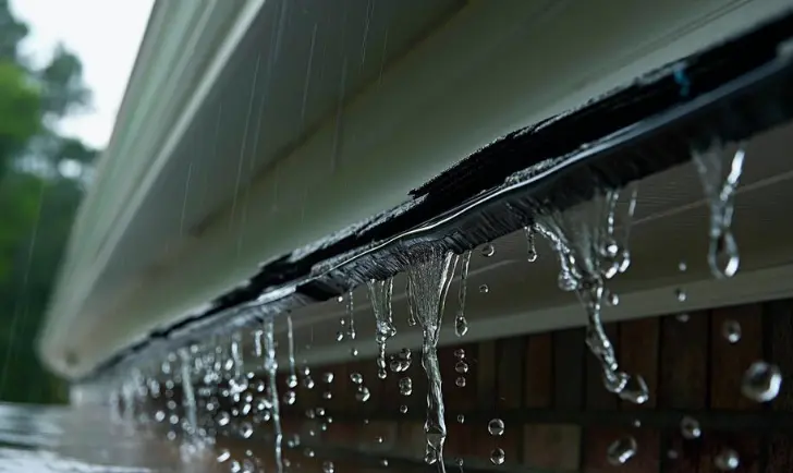 Close-up of overflowing gutters with water spilling over the edge during a heavy rainstorm on a Kentucky home.