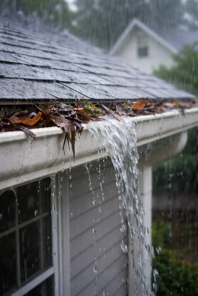 Overflowing gutter on a Louisville KY home during heavy rain, caused by clogged gutters and poor water drainage