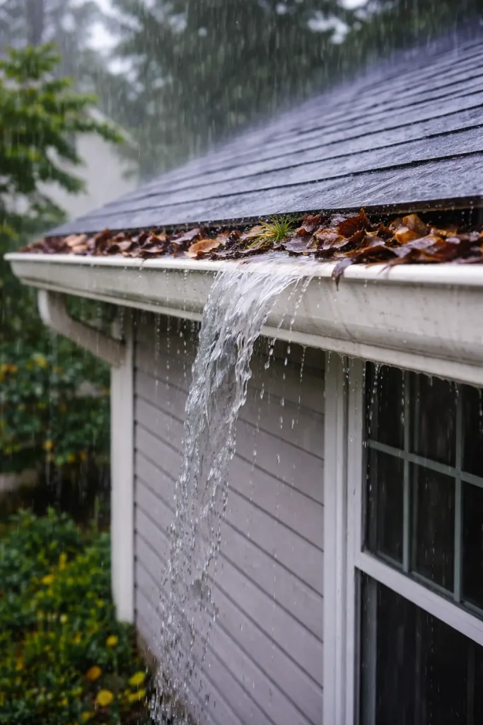 Overflowing gutter spilling water during heavy rain on a Louisville, Kentucky home