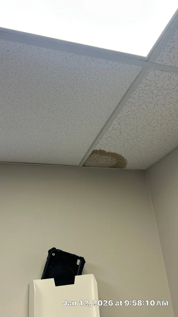 Interior ceiling water stain caused by roof leak in Louisville KY
