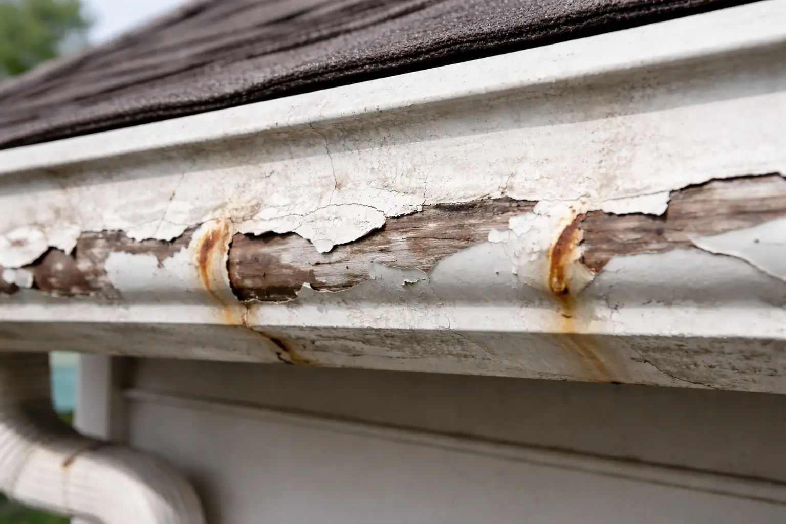 Old gutter with peeling paint and rust damage indicating gutter replacement needed