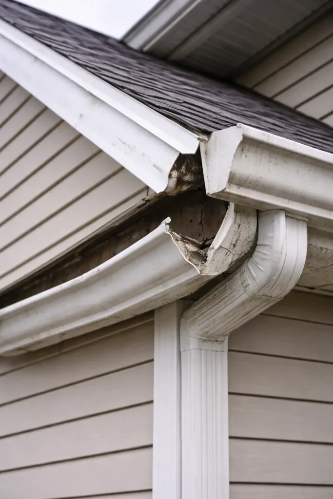 Broken residential gutter pulling away from the roofline and exposing damaged fascia board.