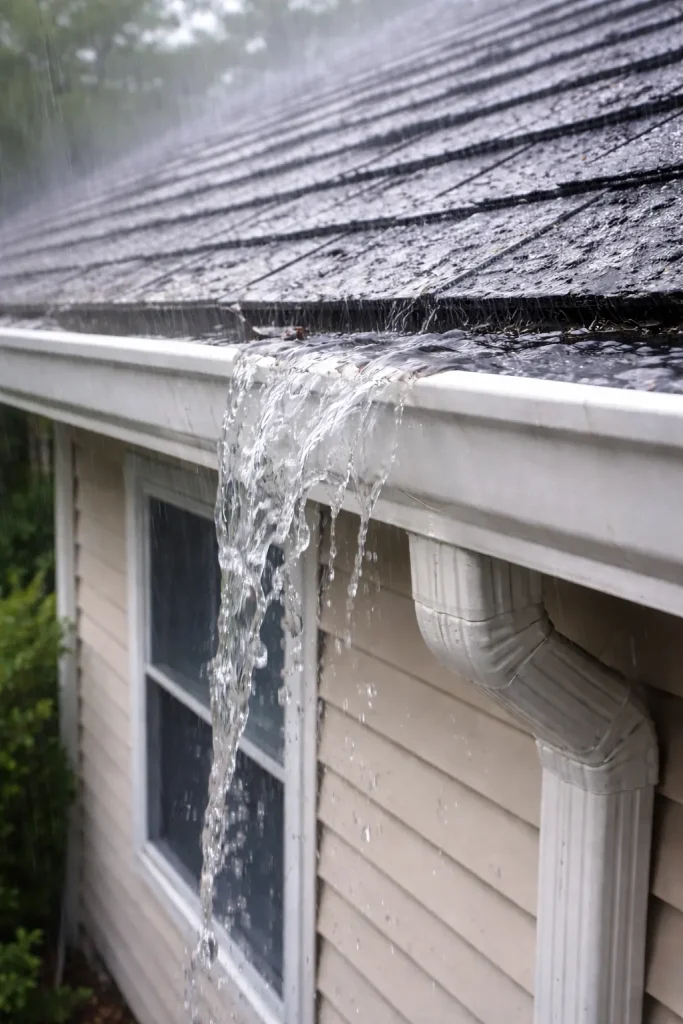Residential gutter overflowing with rainwater during a storm due to drainage failure.
