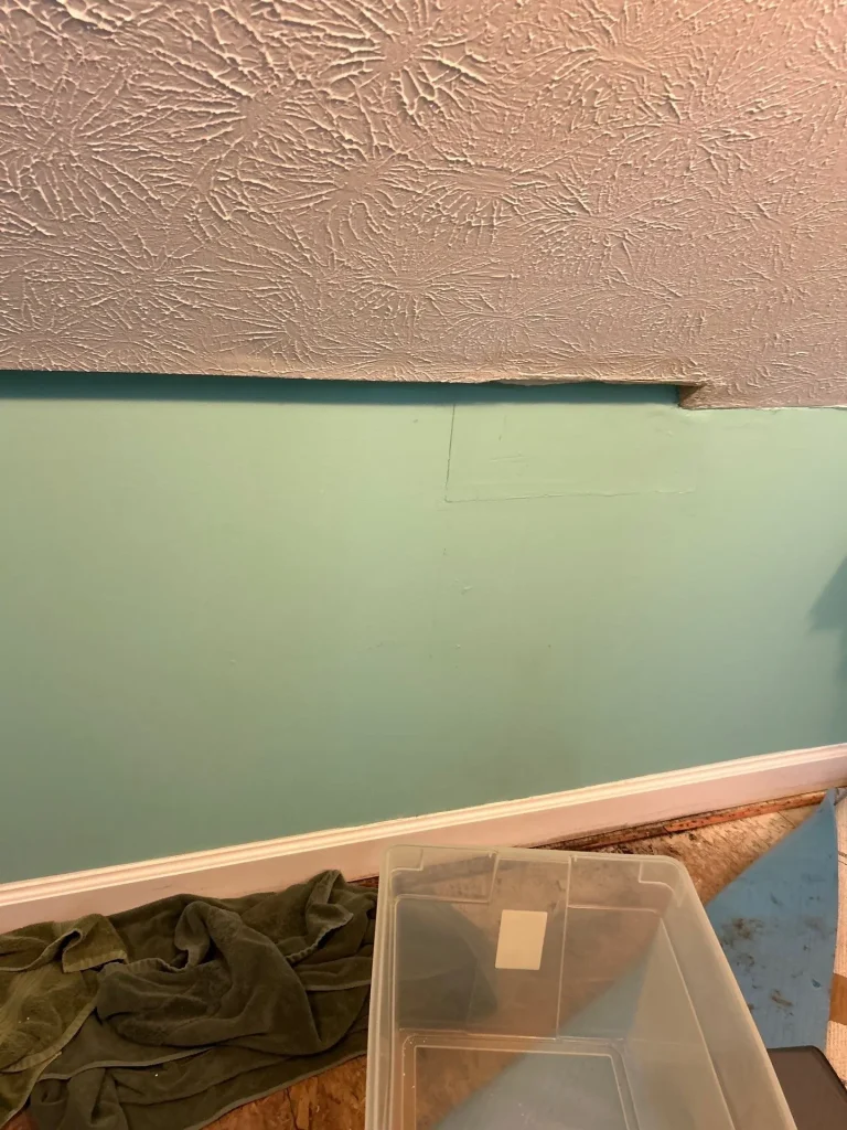 Interior wall and textured ceiling showing water staining from an active roof leak causing drywall damage.