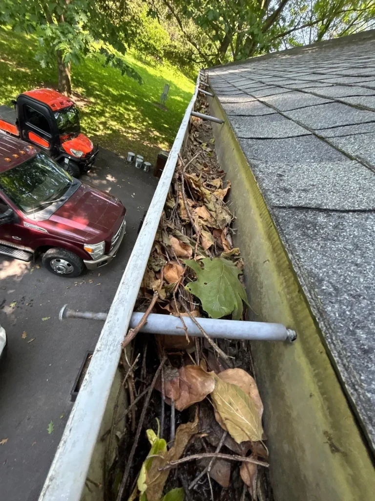 Gutter clogged with leaves and debris buildup on Lexington KY home