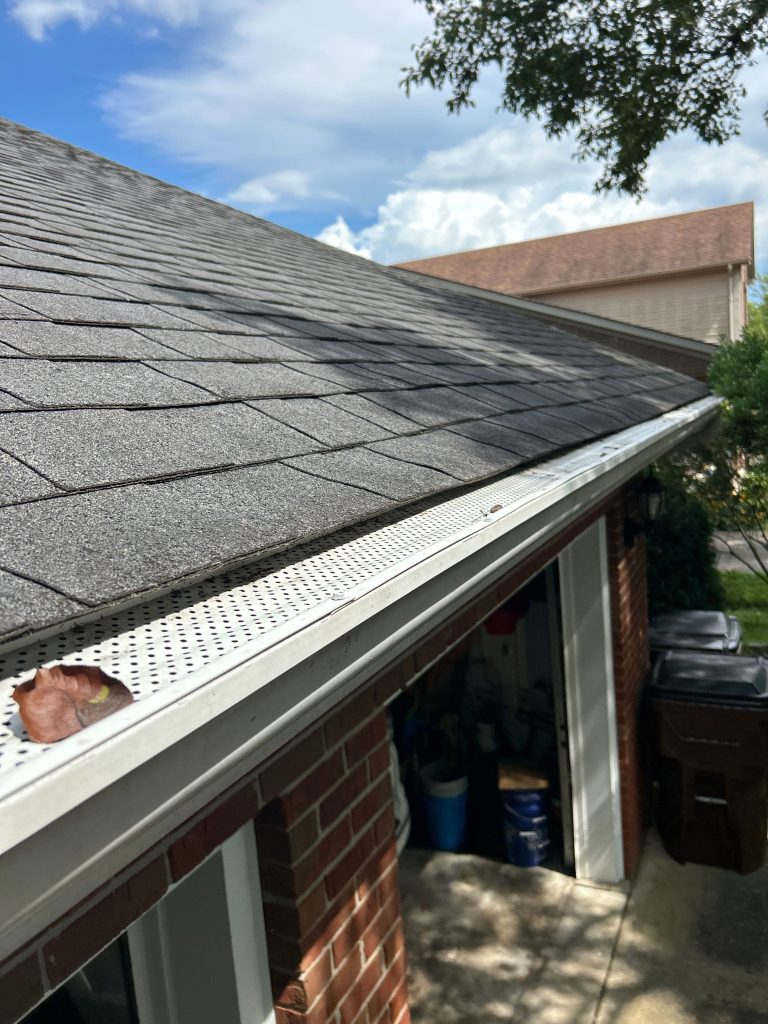 Gutter guard with debris buildup and leaf accumulation on Lexington KY home