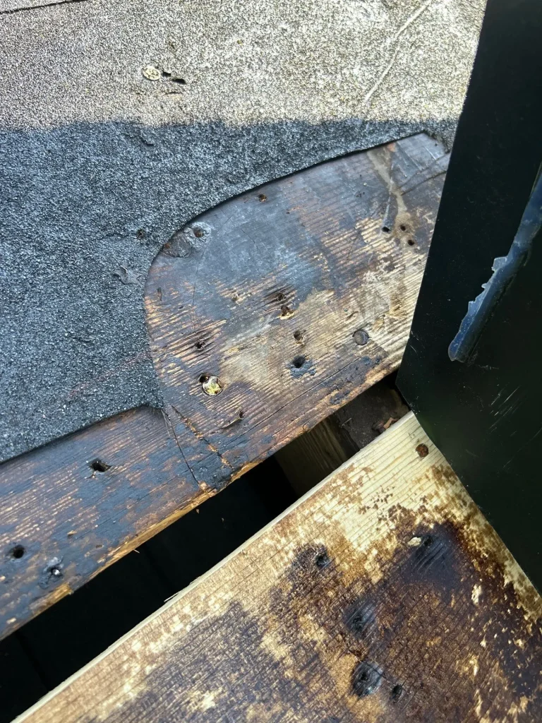 Damaged roof shingles and rotted roof decking in Lexington KY showing water damage