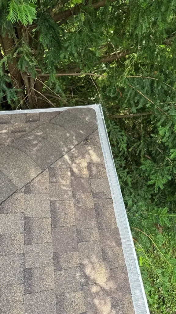 Roof edge repair with drip edge and gutter guard installation on shingle roof in Lexington KY
