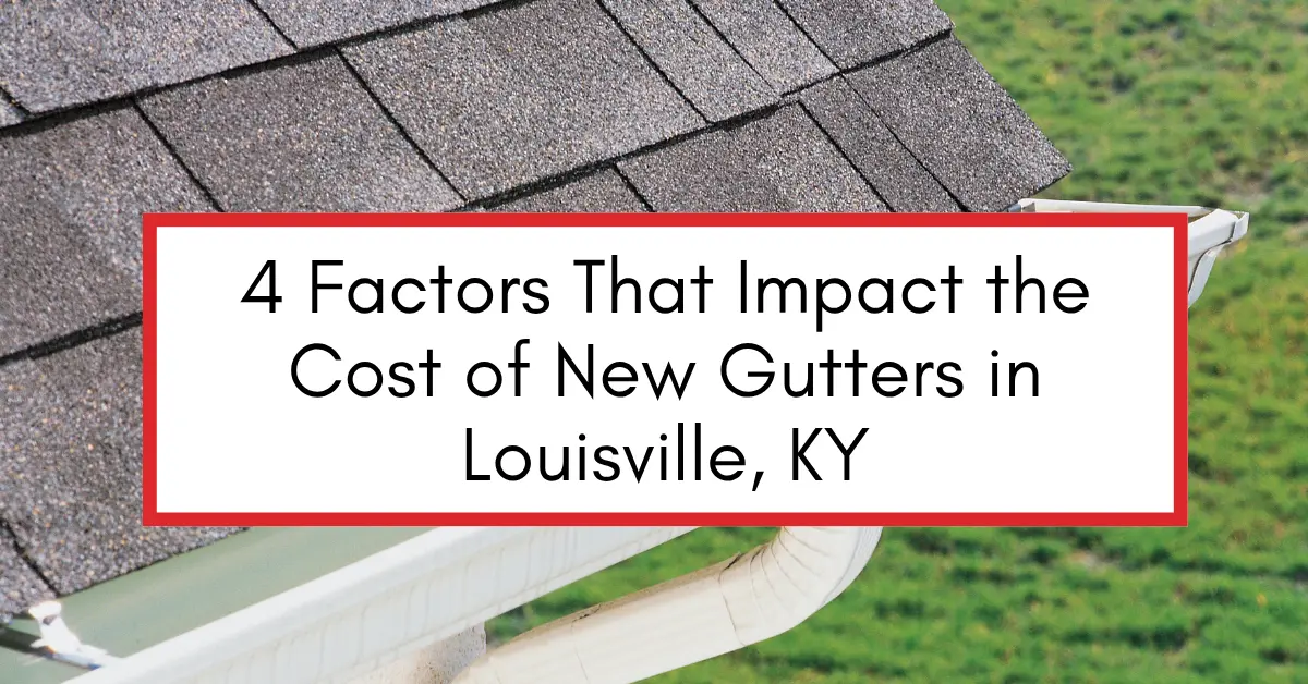 Close-up of house roof with asphalt shingles and white gutter system illustrating factors that affect new gutter costs in Louisville KY