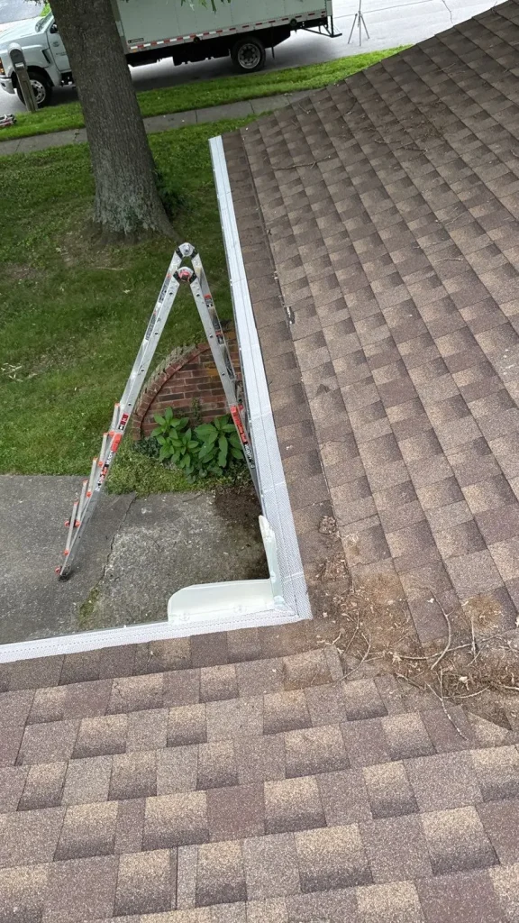 Newly installed gutter guards on asphalt shingle roof in Richmond KY with ladder setup during installation