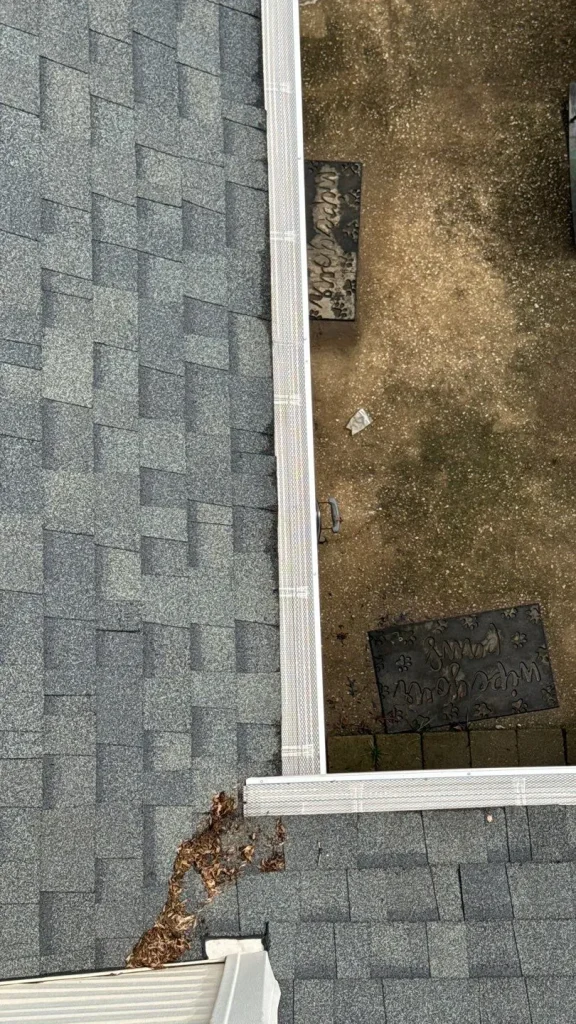 Gutter guard installed along roof edge with leaf buildup nearby in Lexington KY