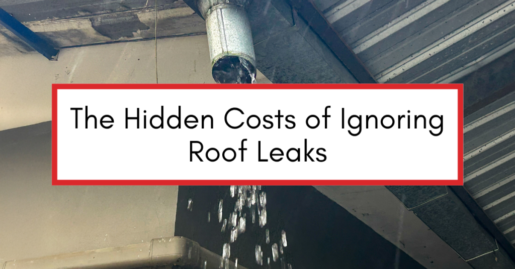 Ceiling with visible water stains and active roof leak causing interior damage