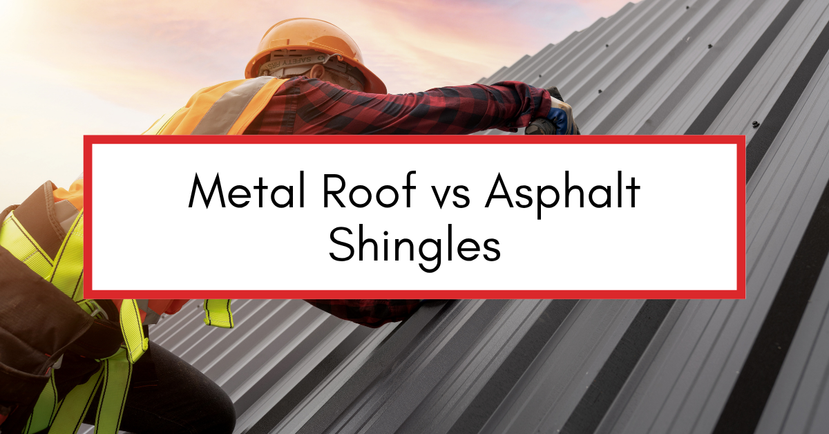 Side-by-side comparison of metal roofing panels and asphalt shingles on residential homes