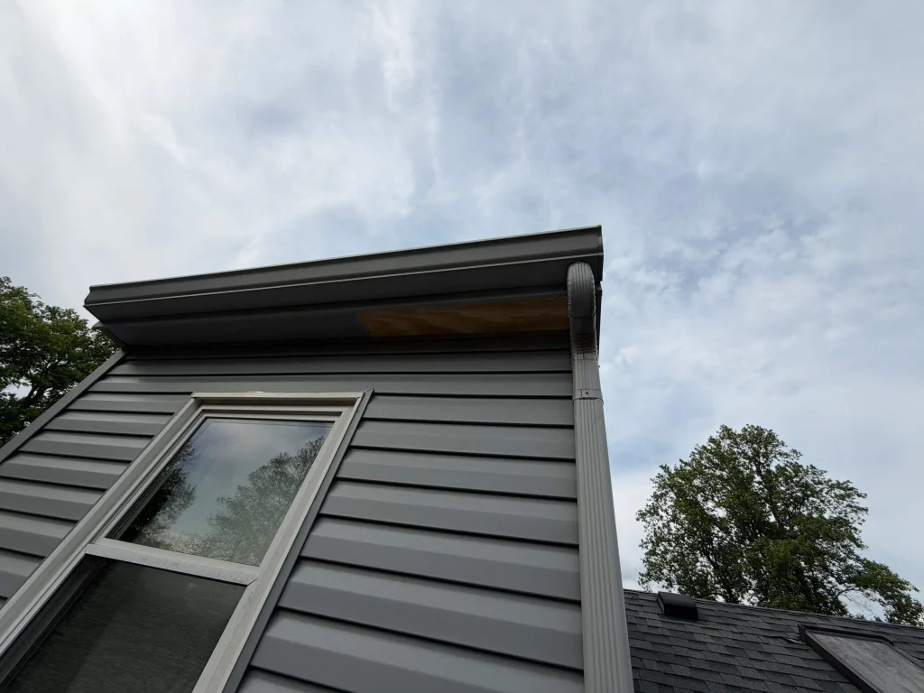 Gray vinyl siding with soffit discoloration near gutter in Lexington KY