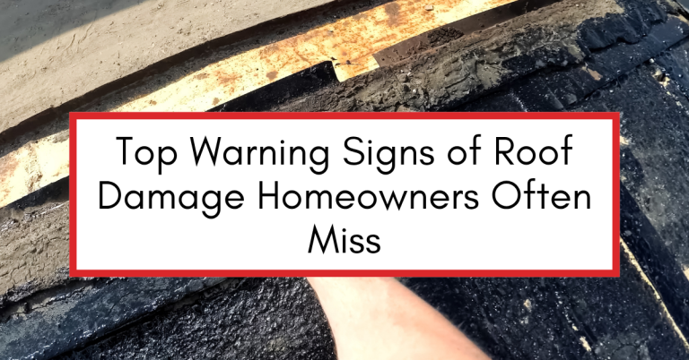 Damaged roof with text overlay top warning signs of roof damage homeowners often miss.