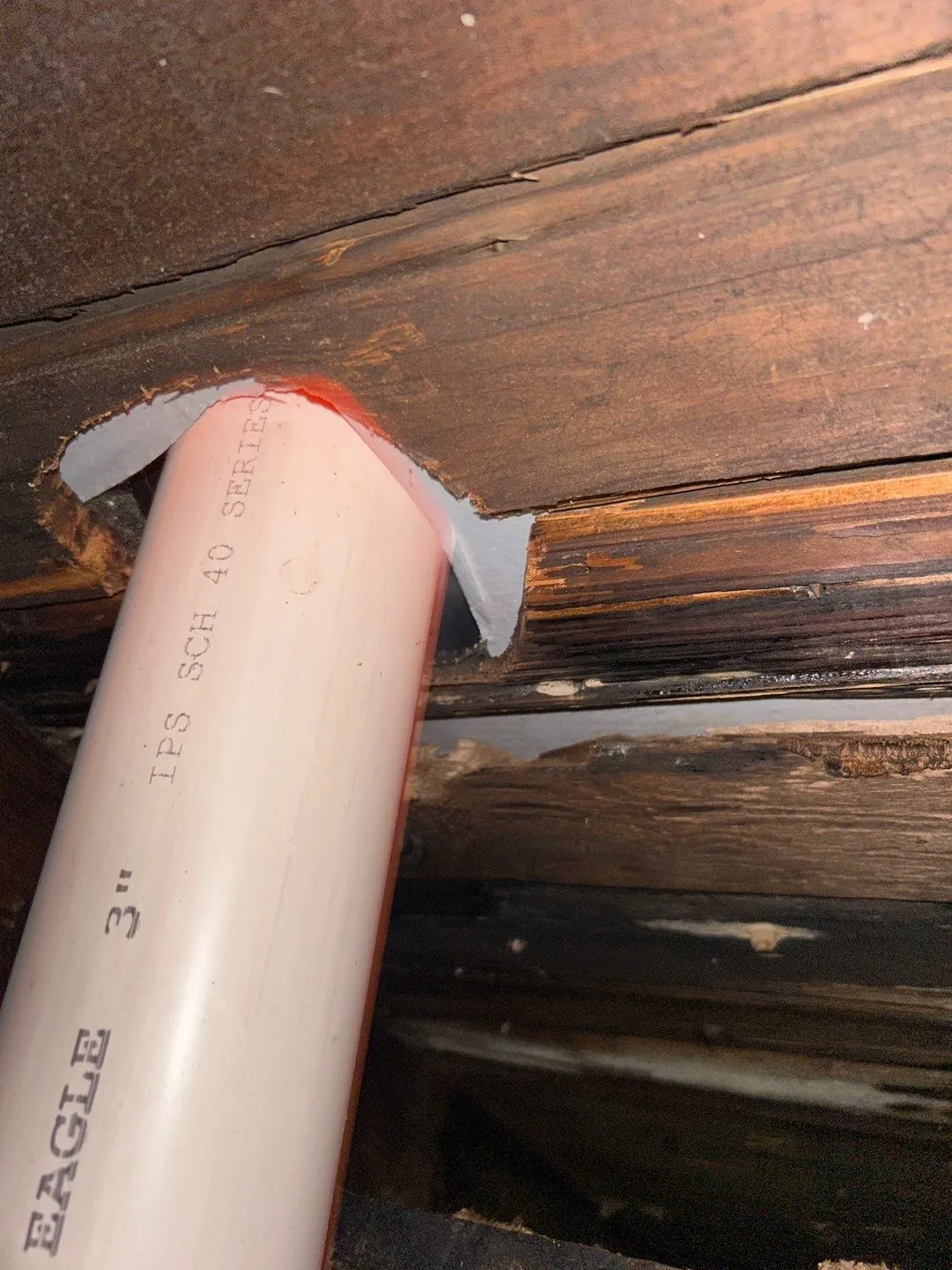 Rotted roof decking around a 3-inch PVC vent pipe on a commercial building in Irvine, KY