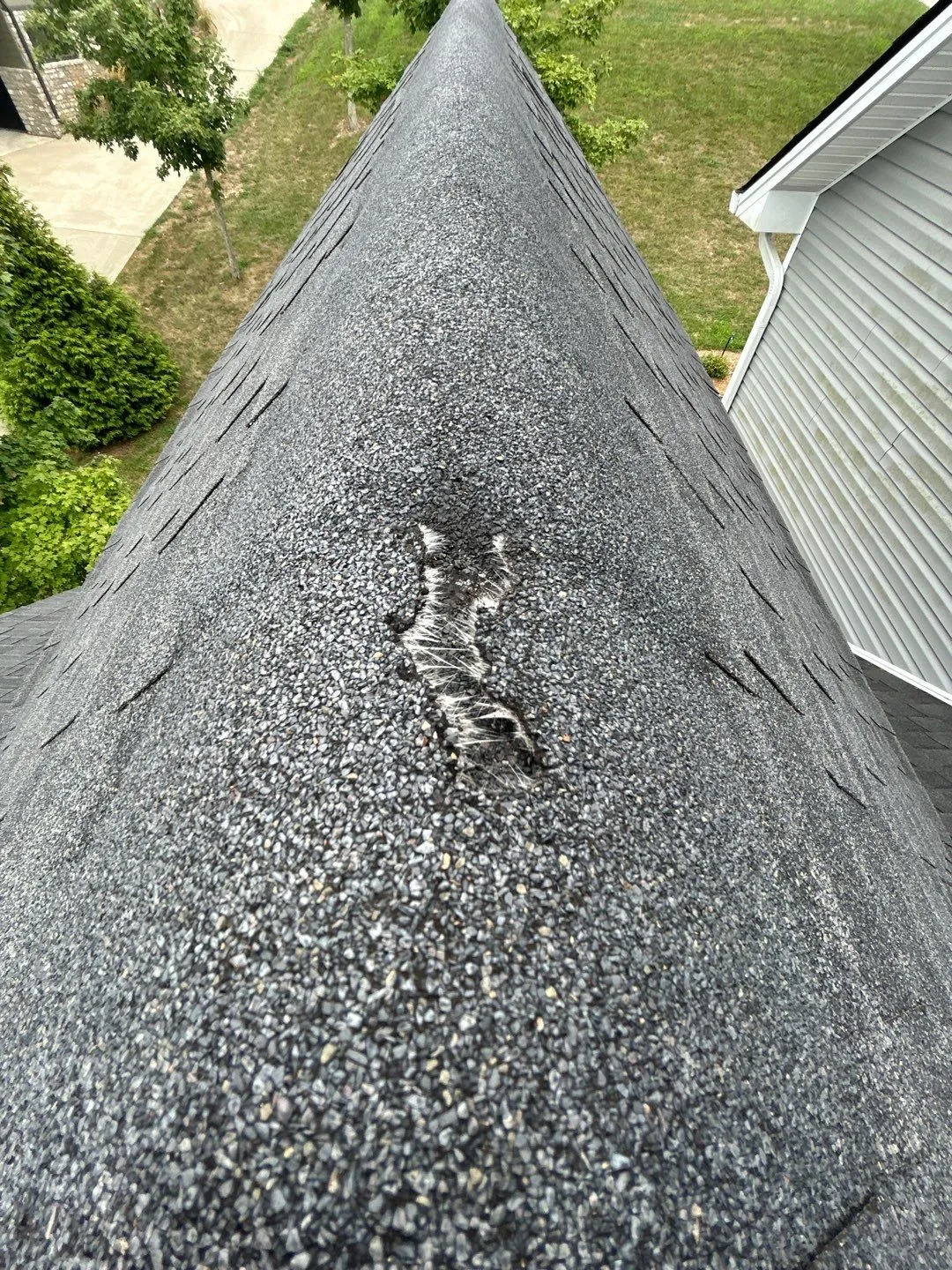 Damaged shingles with granule loss along a roof hip in Lancaster, KY