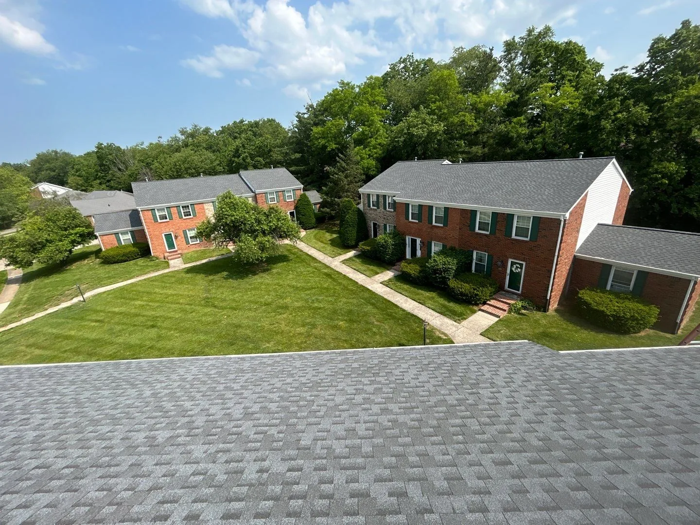 Aerial view of a Richmond, KY multi-family community with a new roof installed by AIC Roofing and Construction